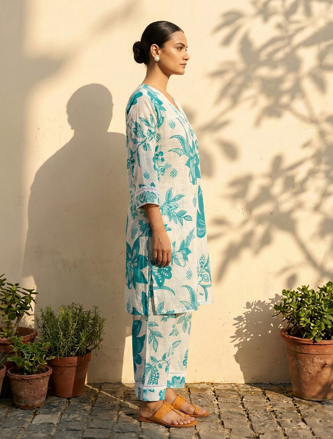 White Blue Floral Print Kurta Pant Set | SHOBITAM