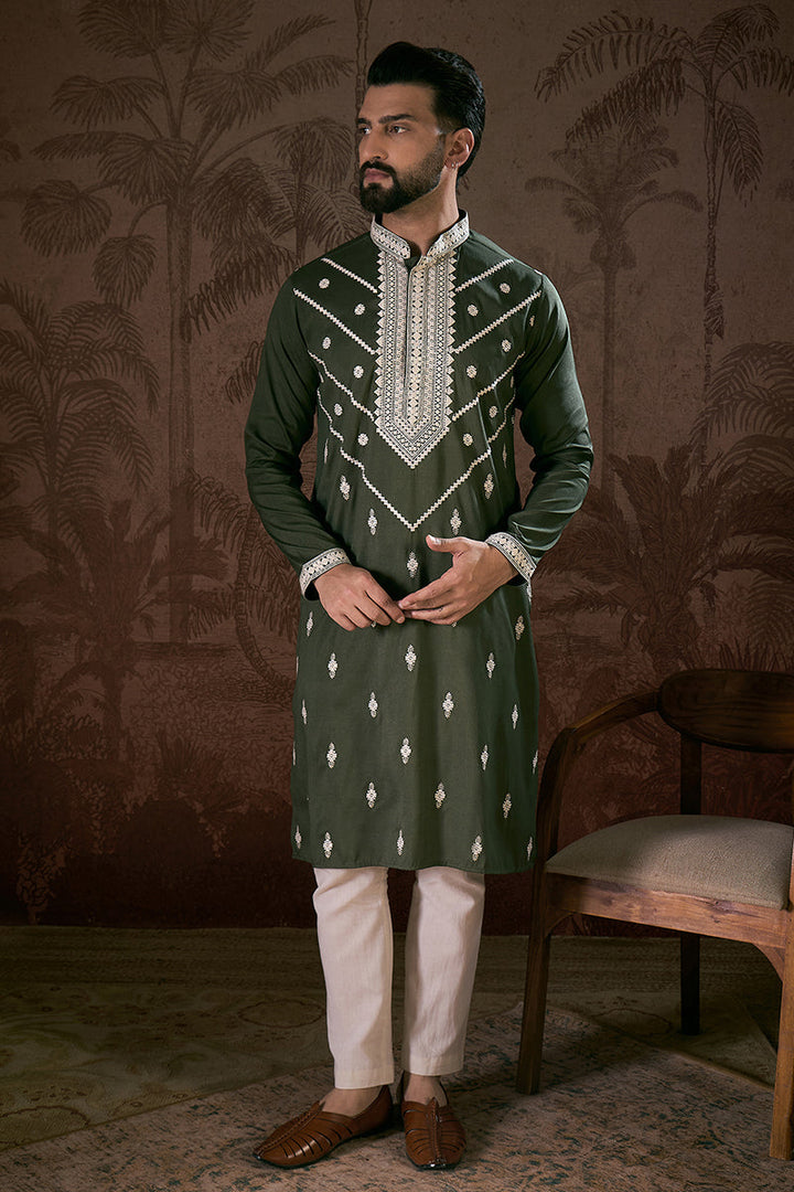 Green Silk Blend Solid Embroidered Straight Kurta For Men | SHOBITAM