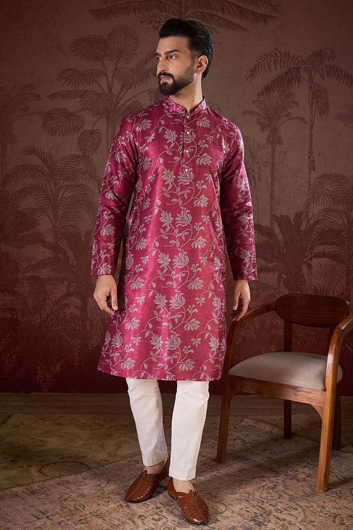 Red Silk Blend Floral Printed Straight Kurta For Men | SHOBITAM