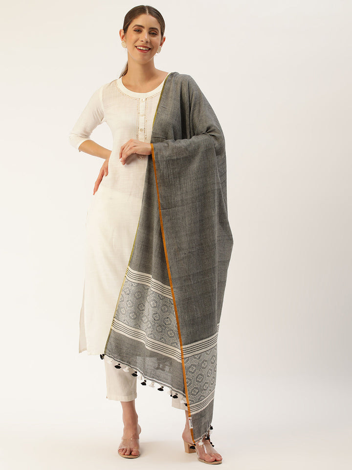 Grey White Toned Assamese Cotton Dupatta | SHOBITAM