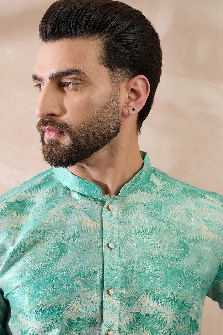 Green Silk Blend Printed Mandarin Collar Straight Kurta With Trouser | SHOBITAM