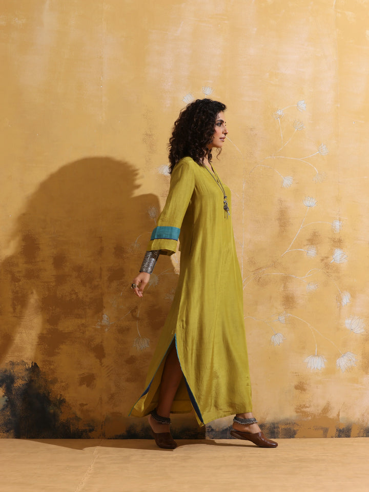 Lime Muslin Silk Straight Maxi Dress  | SHOBITAM