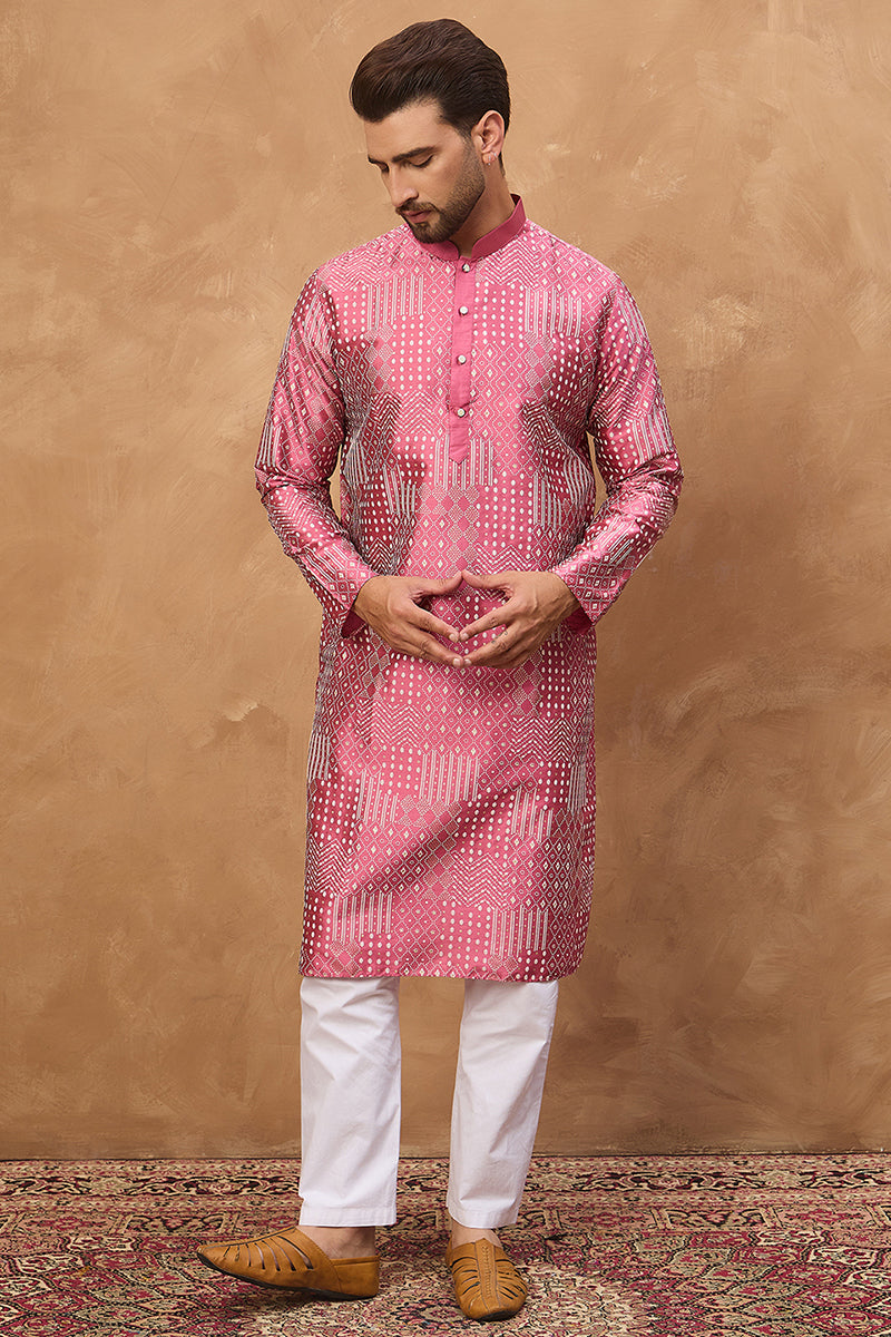 Pink Silk Blend Geometric Printed Straight Kurta  | SHOBITAM