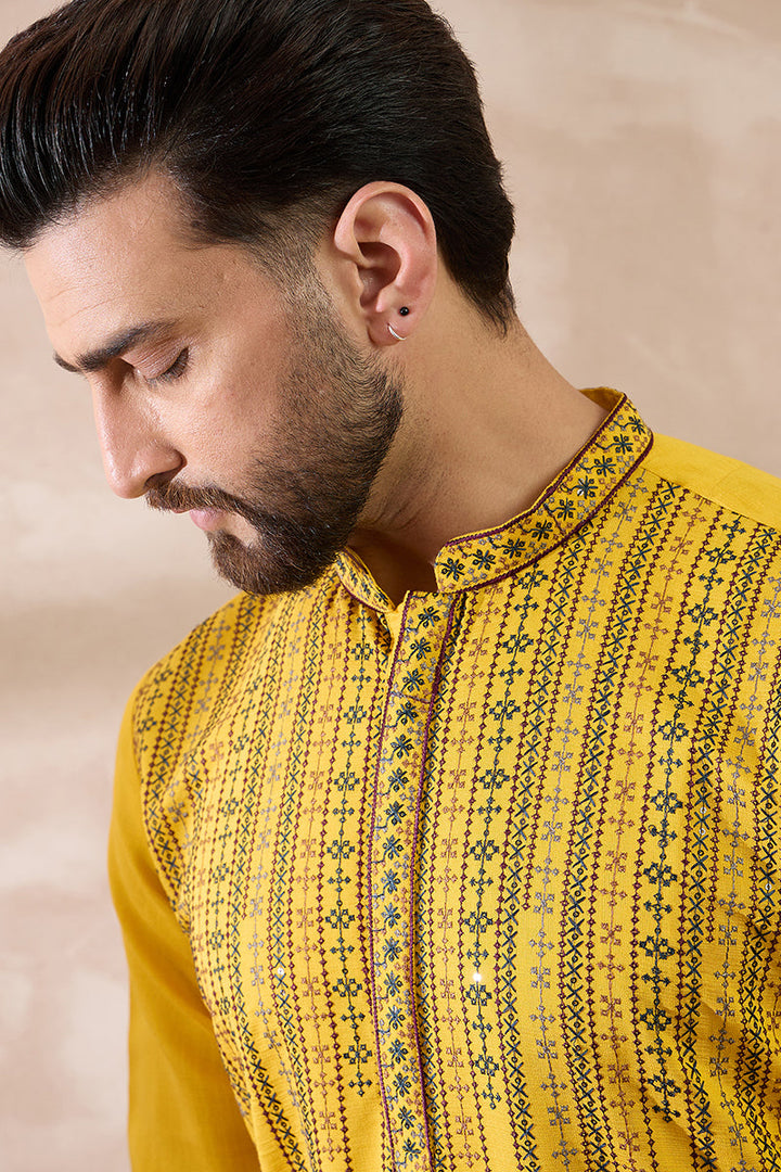 Yellow Silk Blend Embroidered Mandarin Collar Straight Kurta With Trouser | SHOBITAM