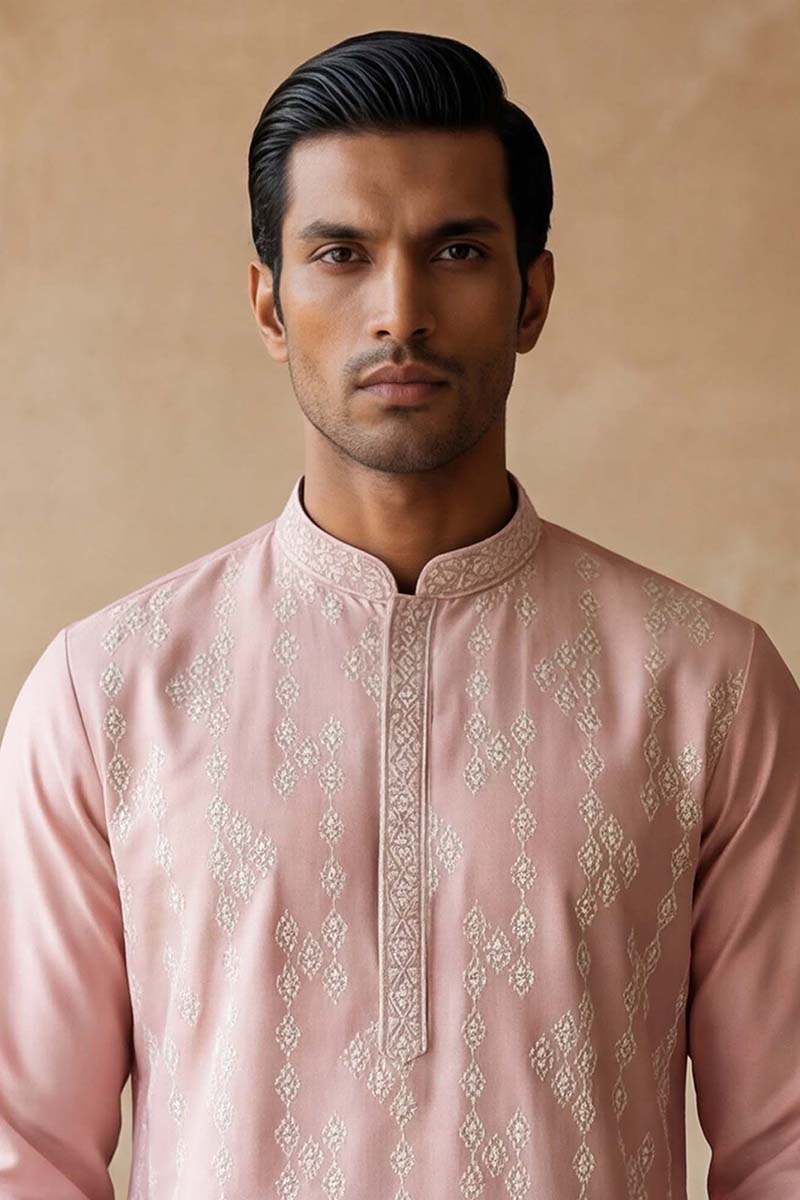 Mens Pink Silk Blend Solid Embroidered Kurta With Trousers | SHOBITAM