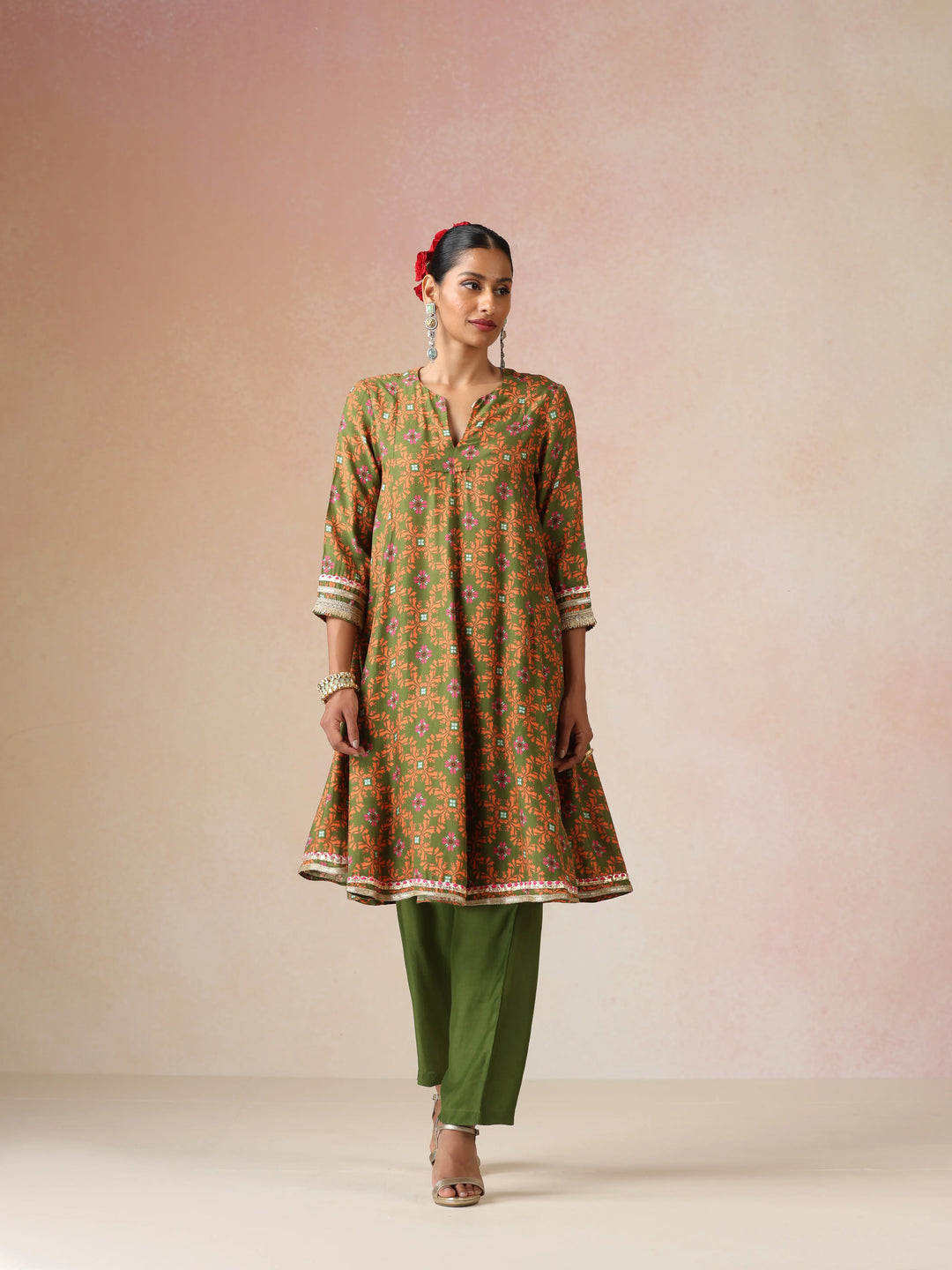 Dark Green Orange Jaal Print Viscose Flared Kurta Co-ord Set | SHOBITAM