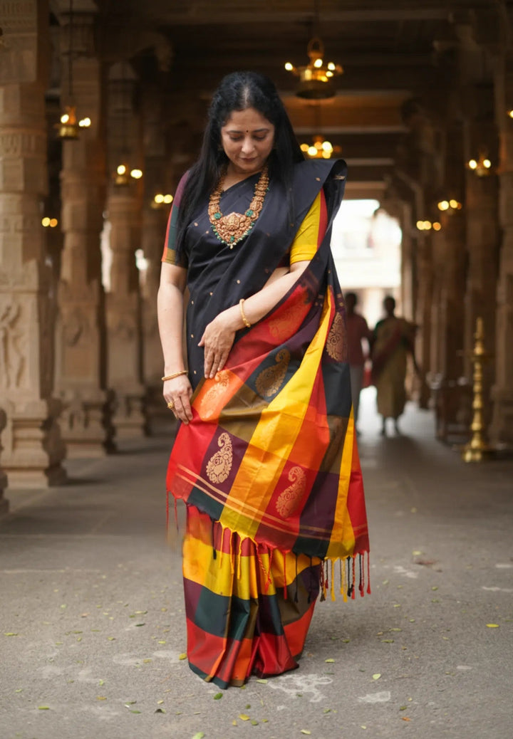 Black Art Silk Saree with Sunset Kattam Checks | SHOBITAM