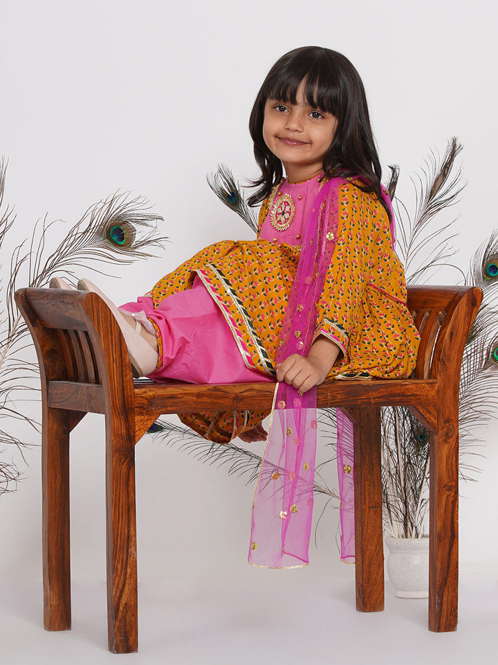 Girls Jaipuri Print Kurta Frock with Salwar in Yellow & Pink