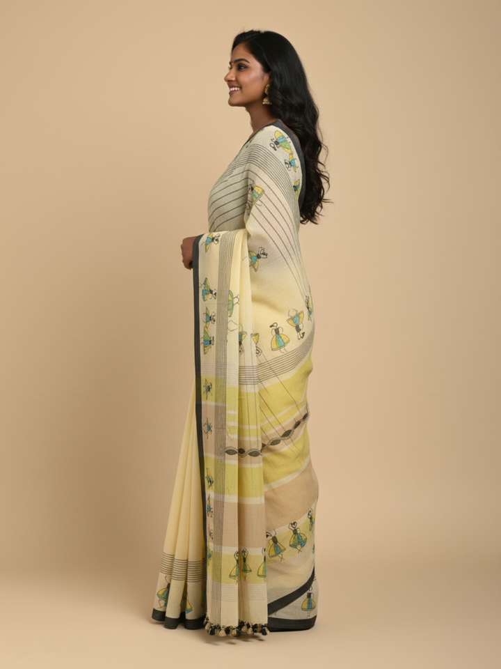 Yellow Handloom Cotton Kantha Stitch Saree with pompoms | SHOBITAM