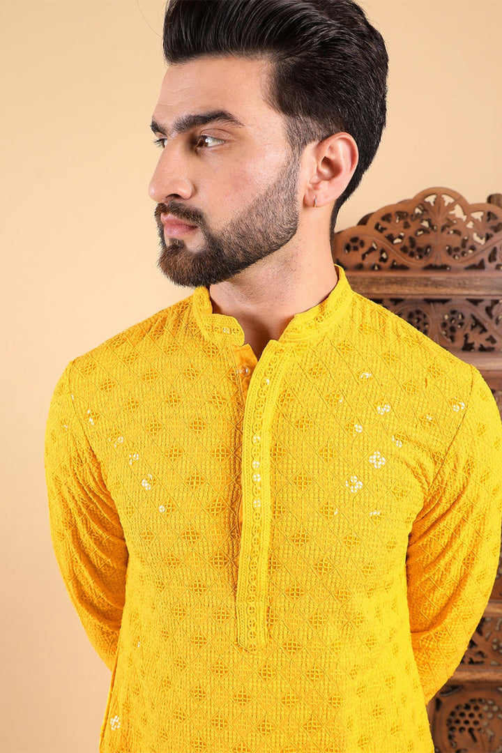 Yellow Viscose Rayon Solid Embroidered Straight Kurta For Men | SHOBITAM