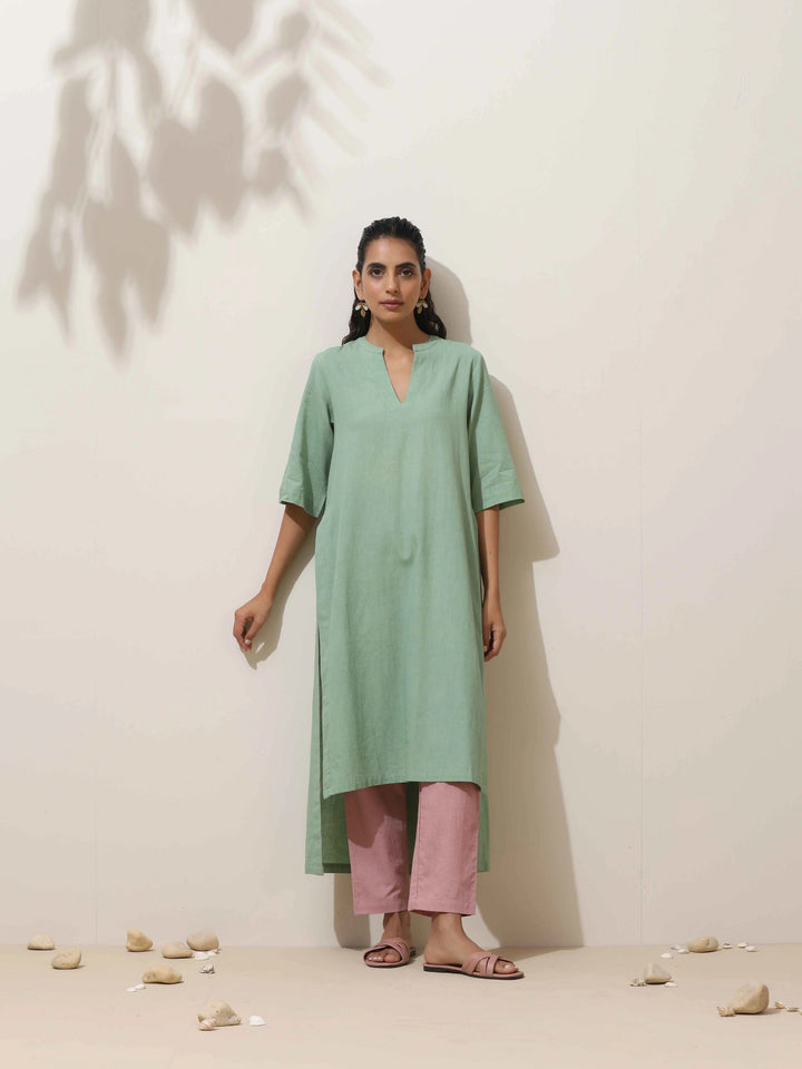 Mint Green Cotton Linen Kurta Pant Set | SHOBITAM