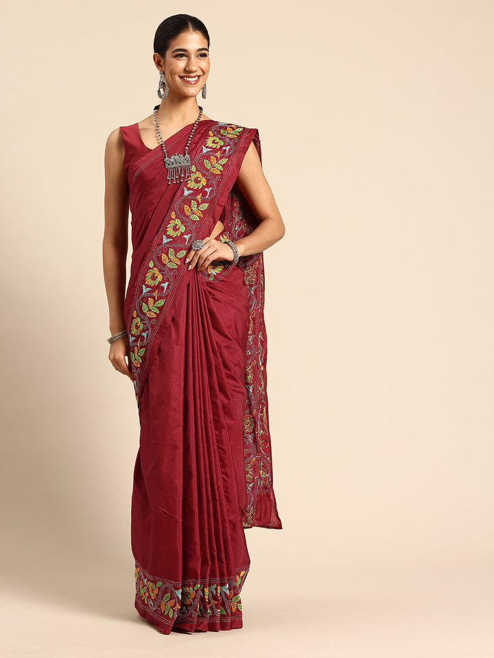 Red Bird Design Artsilk Kantha Saree with Blouse piece