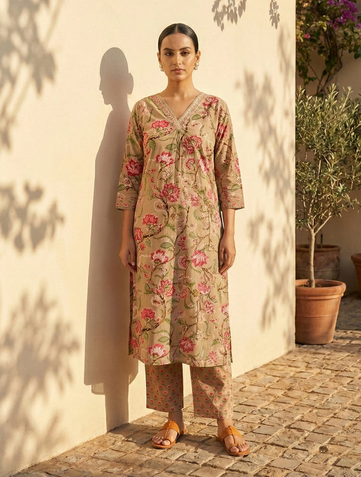 Beige Floral Print Straight Kurta Pant Dupatta Set | SHOBITAM