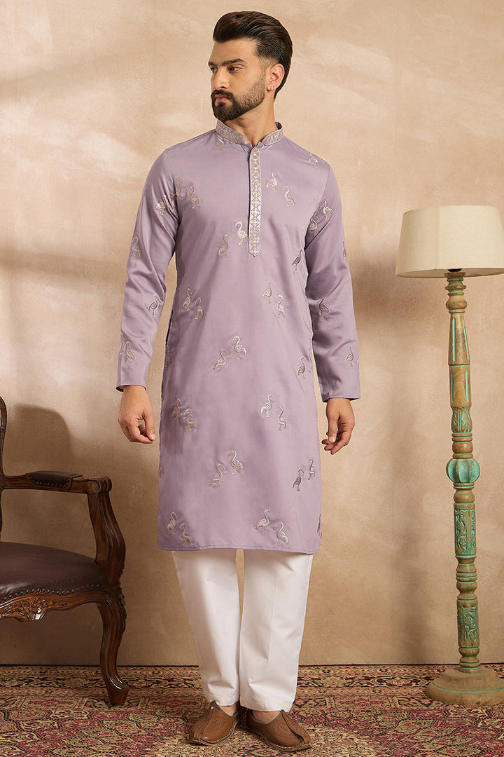 Lavender Silk Blend Solid Embroidered Straight Kurta With Trouser | SHOBITAM