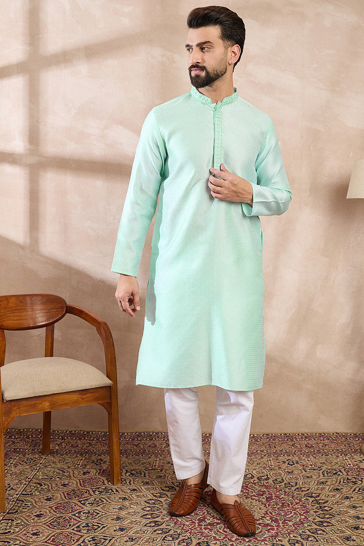 Blue Silk Blend Solid Embroidered Straight Kurta | SHOBITAM