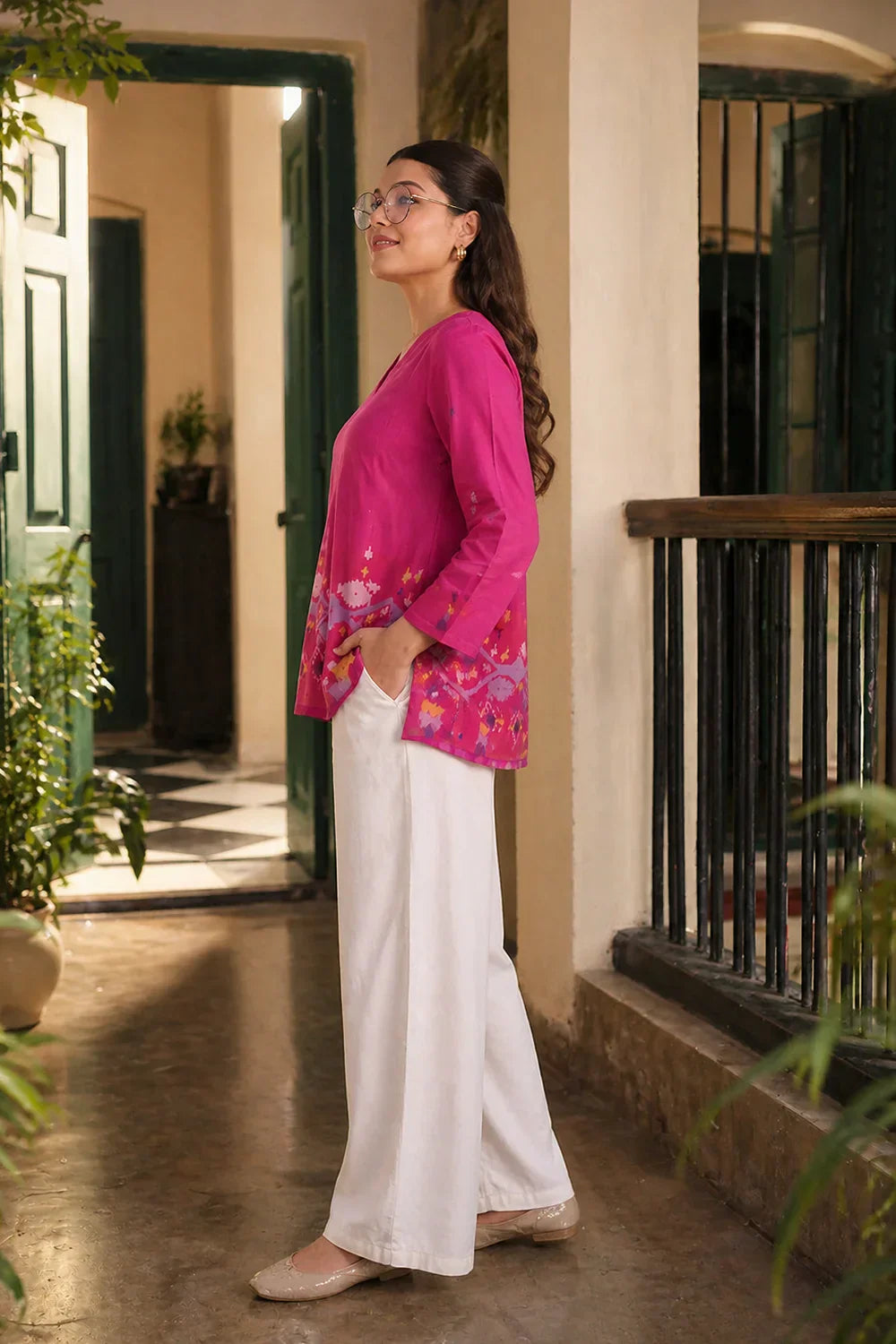 Fuchsia Pink Jamdani Top | SHOBITAM