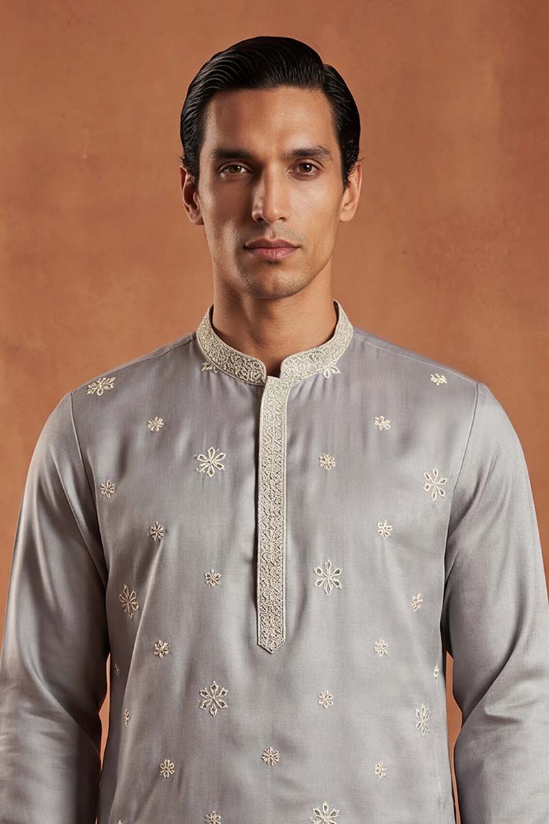 Mens Blue Silk Blend Solid Embroidered Kurta With Trousers | SHOBITAM