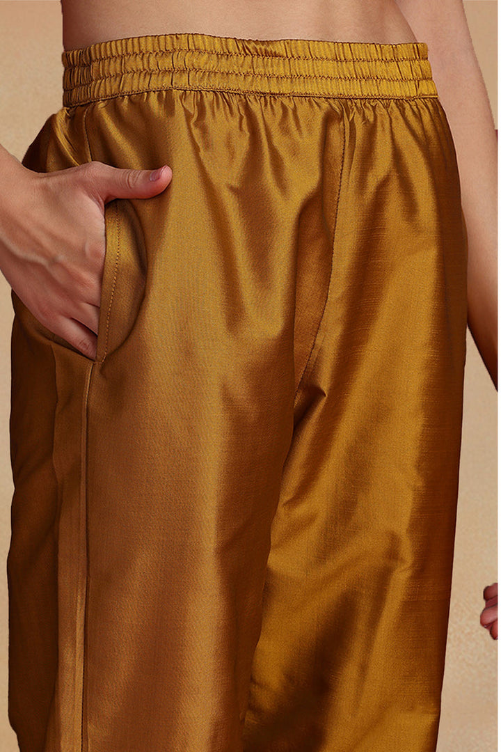 Mustard Yellow Silk Blend Ethnic Motifs Woven Design Straight Suit Set | SHOBITAM