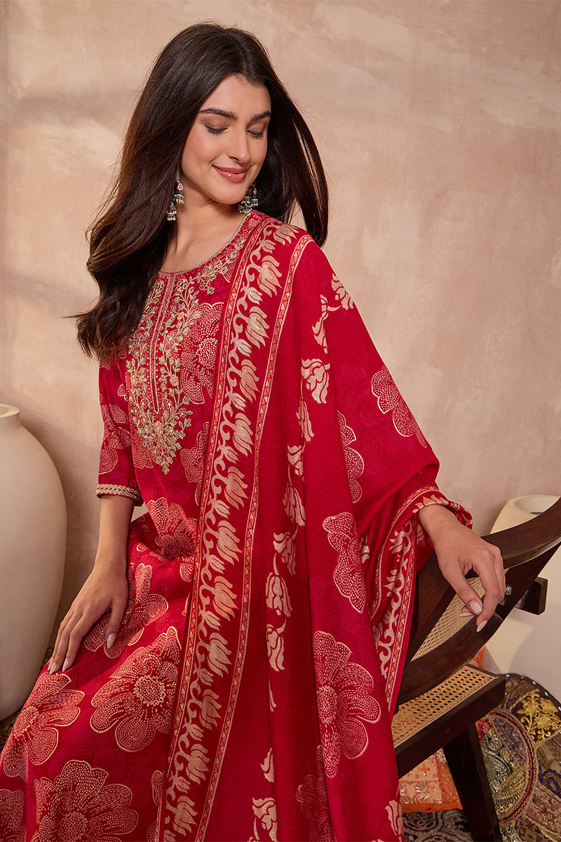 Pink Poly Silk Floral Printed Straight Kurta Trouser With Dupatta | SHOBITAM