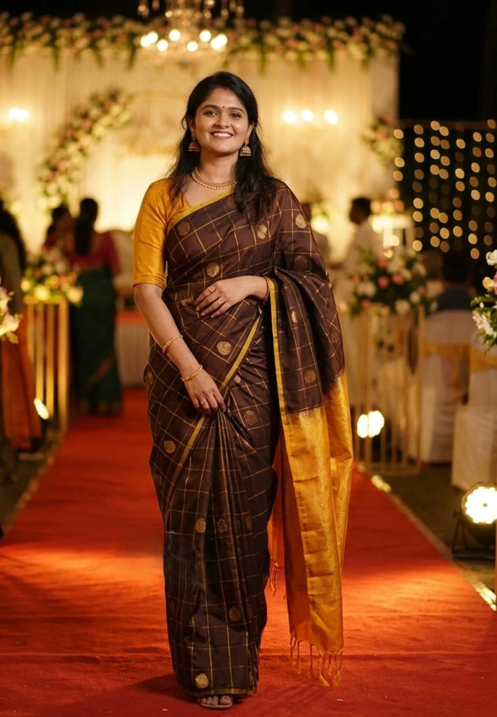 Preorder : Coffee brown Art Silk Saree with rudraksham mayil kattam body | SHOBITAM