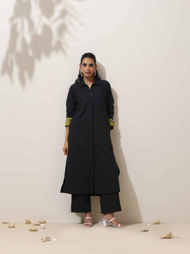 Black Cotton Linen Kurta Pant Set | SHOBITAM