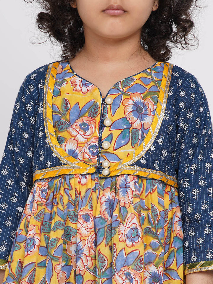 Girls Floral Kurta with Indigo Floral Jacket with Sharara and Dupatta in Blue & Yellow | SHOBITAM