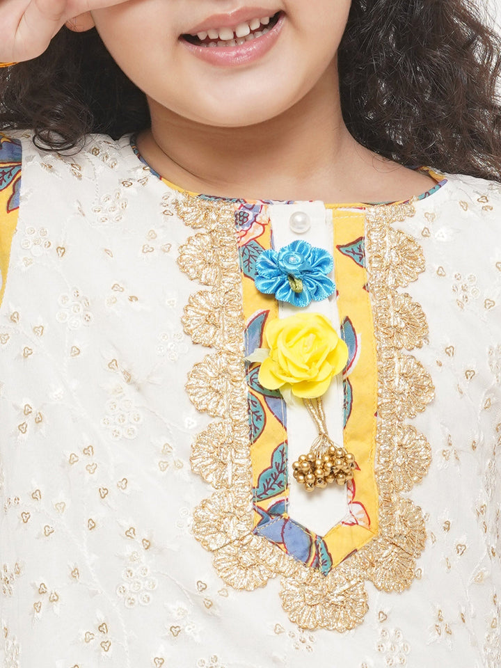Girls Cotton Floral Embroidery Kurta with Floral Detailing and Floral Sharara | SHOBITAM