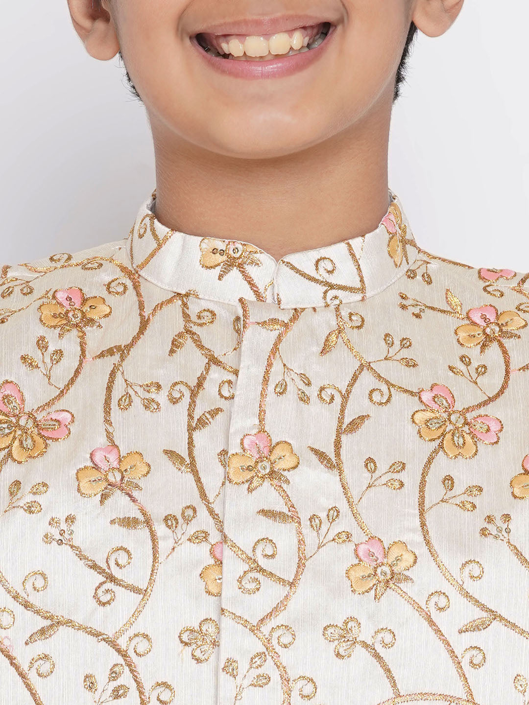 Orange Pink Floral Embroidery Jacket with Cotton Kantha kurta and Kantha Pyjama | SHOBITAM