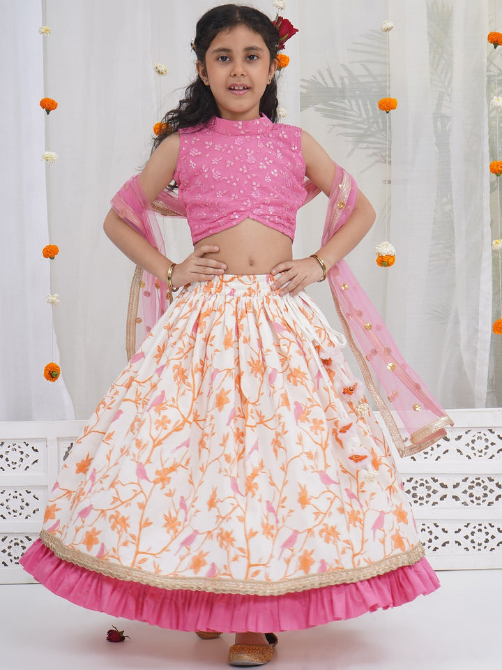 Girls Bird and Floral Embroidery Lehenga Set | SHOBITAM