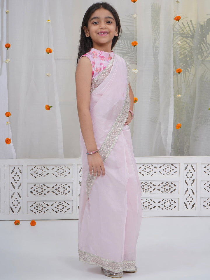 Girls Baby Pink Muslin Flamingo Blouse with Chanderi Semi-Silk Ready to wear Saree | SHOBITAM