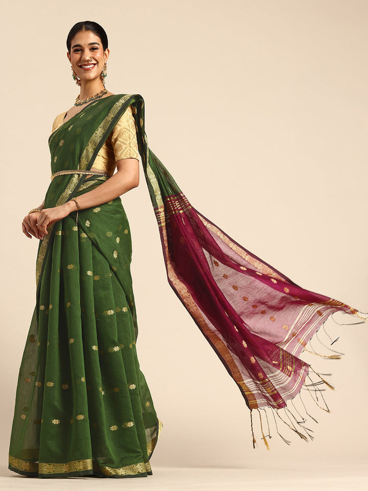 Pista Green & Magenta Zari Buti Silk Cotton Saree with blouse piece | SHOBITAM