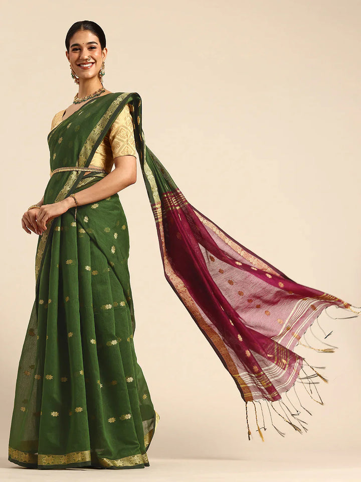 Pista Green & Magenta Zari Buti Silk Cotton Saree with blouse piece