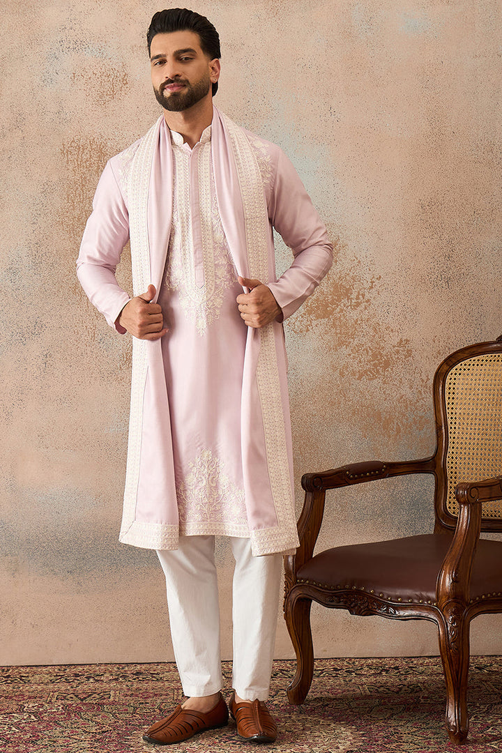 Mens Lavender Silk Blend Solid Embroidered Kurta Trouser With Dupatta  | SHOBITAM