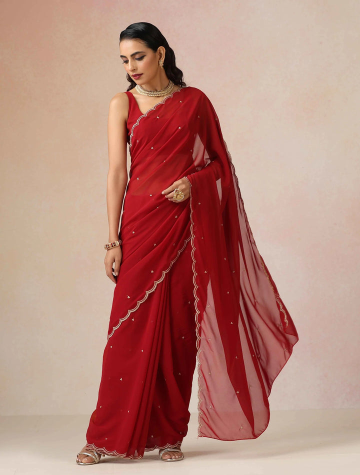 Maroon Georgette Embroidered Saree With unstitched Blouse | SHOBITAM