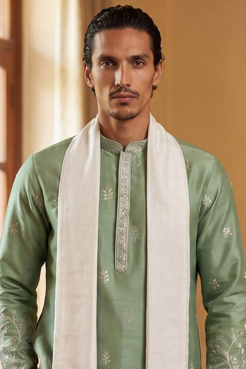 Men Green Silk Blend Solid Embroidered Straight Kurta Sets  | SHOBITAM