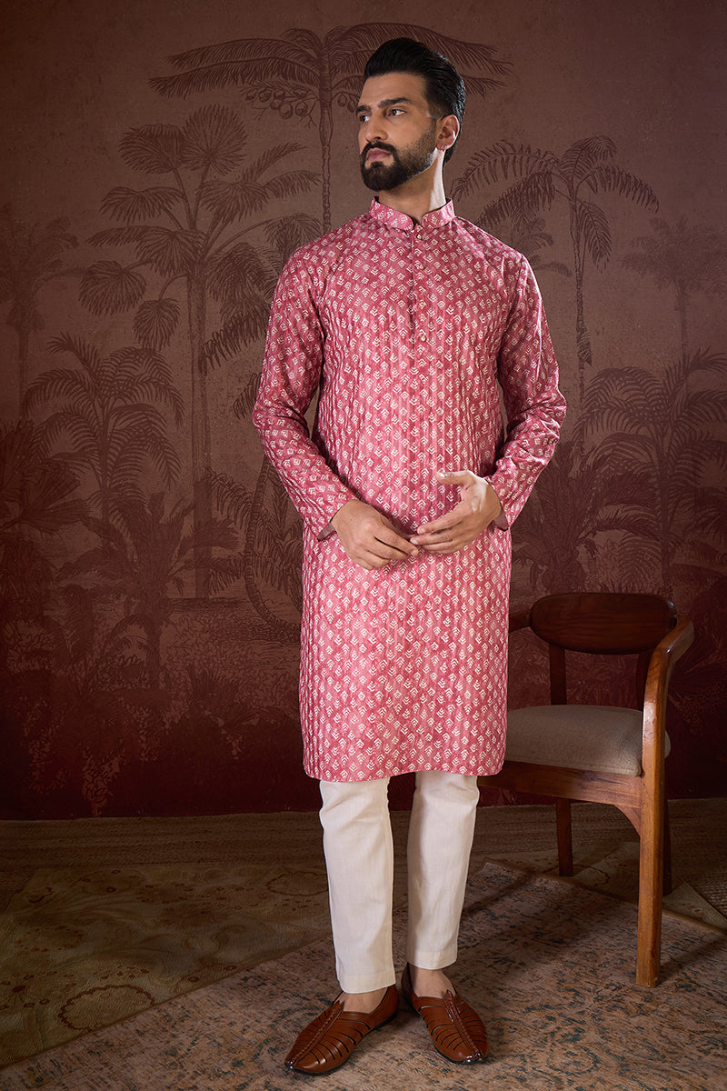 Pink Silk Blend Ethnic Motifs Printed Straight Kurta For Men | SHOBITAM