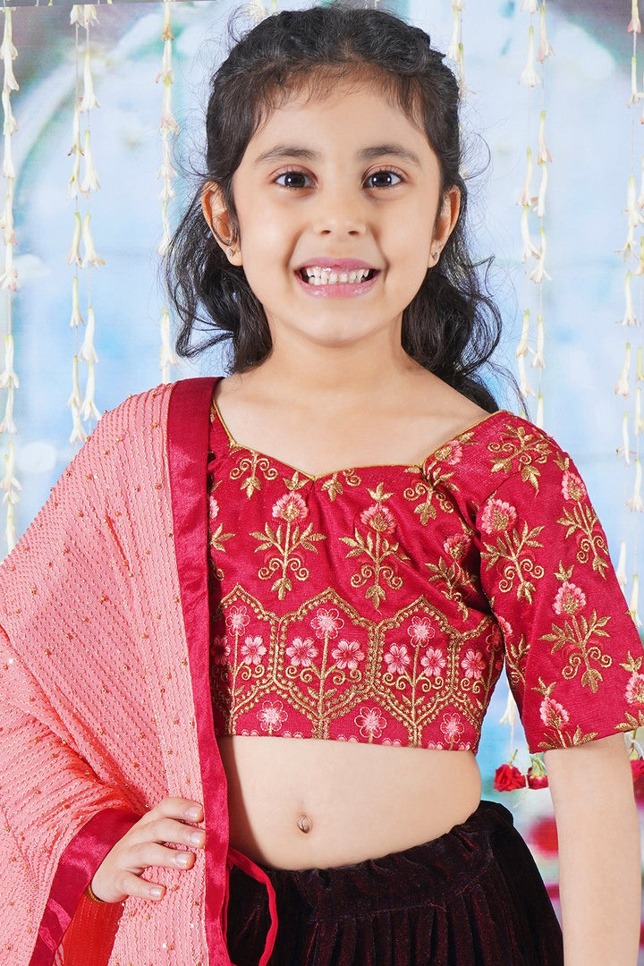 Girl Bageecha Floral Thread work Blouse with Velvet Lehenga and Sequin moti work Dupatta, accompanied with Hand made tassel and Ghungroo work in Cherry Red | SHOBITAM