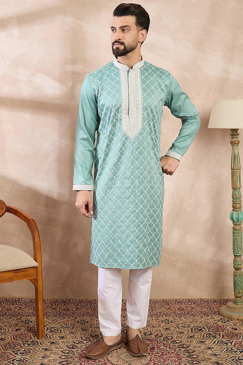 Teal Silk Blend Geometric Embroidered Straight Kurta | SHOBITAM