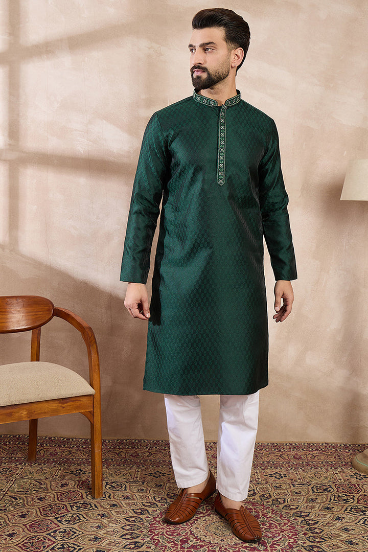 Green Silk Blend Solid Woven Design Straight Kurta With Trouser | SHOBITAM