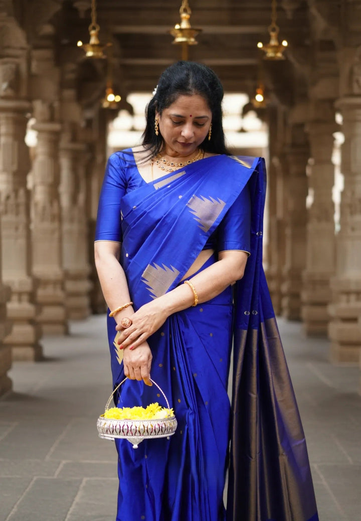 MS Blue - Hamsavalli –Art Silk saree with temple weaving and zari pallu | SHOBITAM