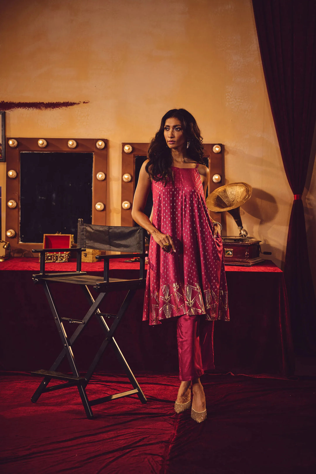 Pink Gold Foil Print Muslin Silk Flared Kurta Set| SHOBITAM