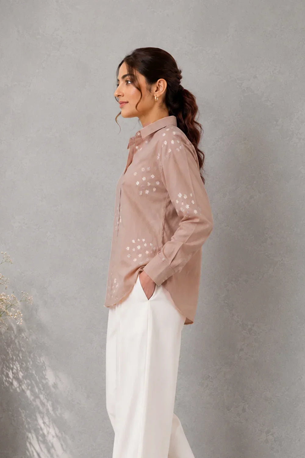 Beige Pure Cotton Embriodered Shirt | SHOBITAM
