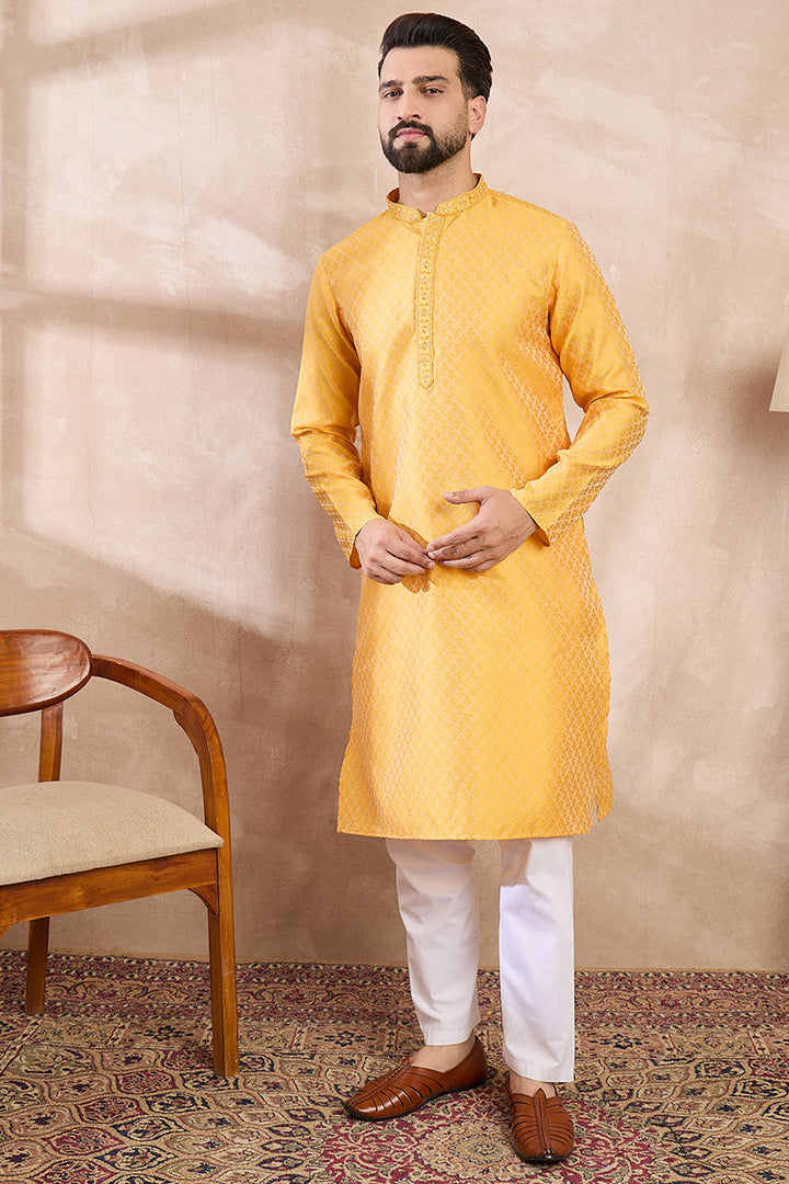 Yellow Silk Blend Solid Embroidered Straight Kurta With Trouser | SHOBITAM