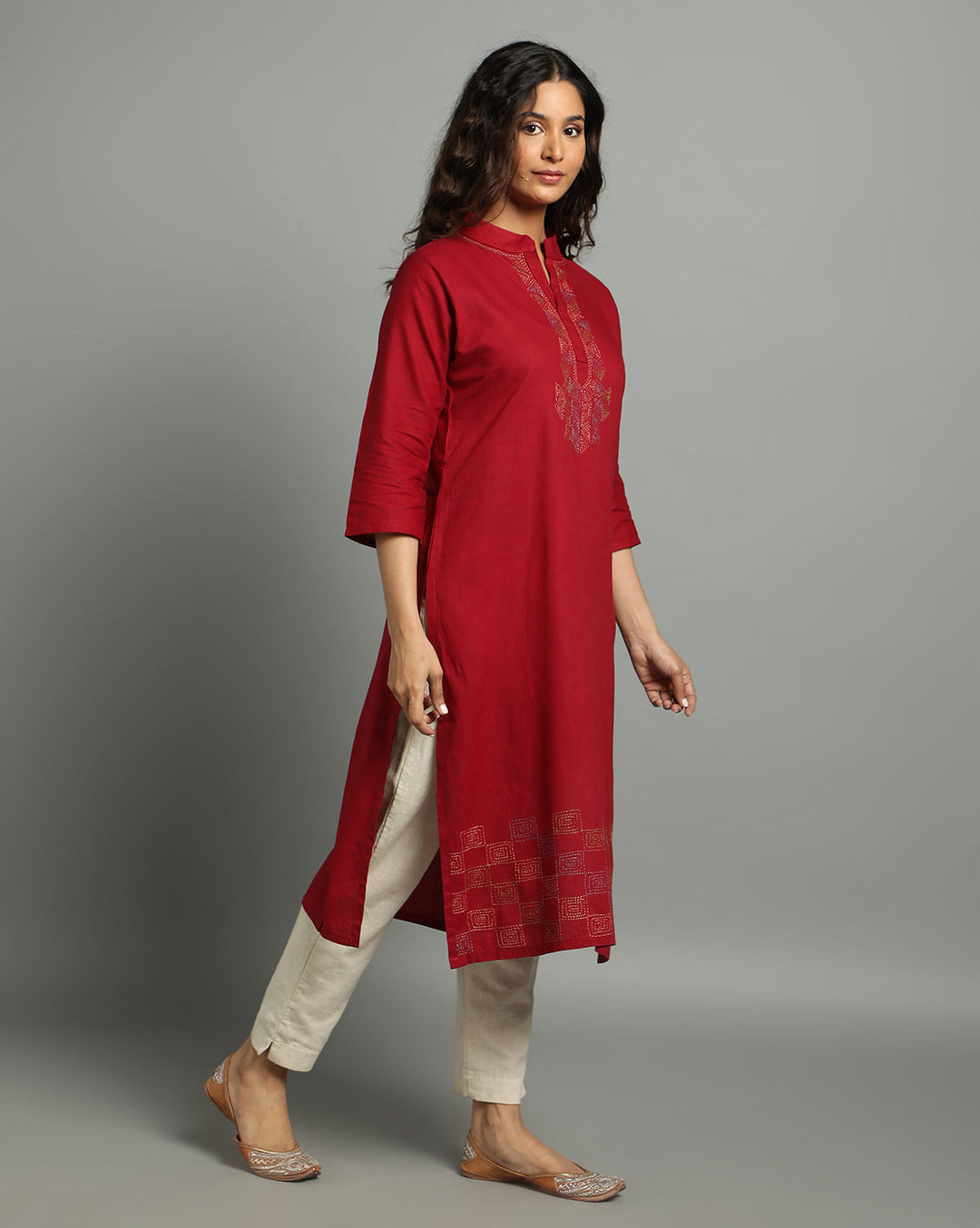 Maroon Kantha Cotton Kurta | SHOBITAM