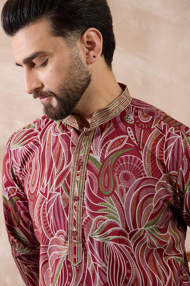 Red Silk Blend Printed Mandarin Collar Straight Kurta | SHOBITAM