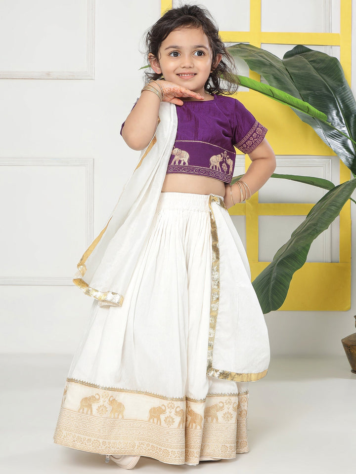 Cream Elephant Zari Embroidery Chanderi Cotton Lehenga with Stitched Purple blouse Set | SHOBITAM