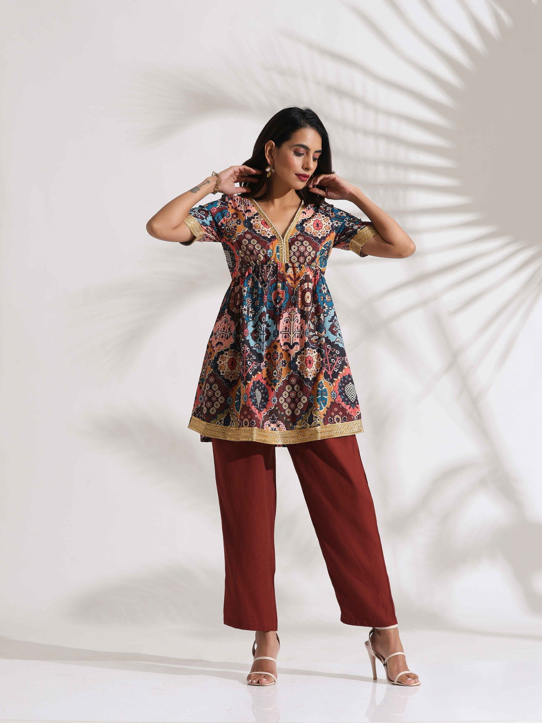 Brown Print Flared Co-ord Set | SHOBITAM