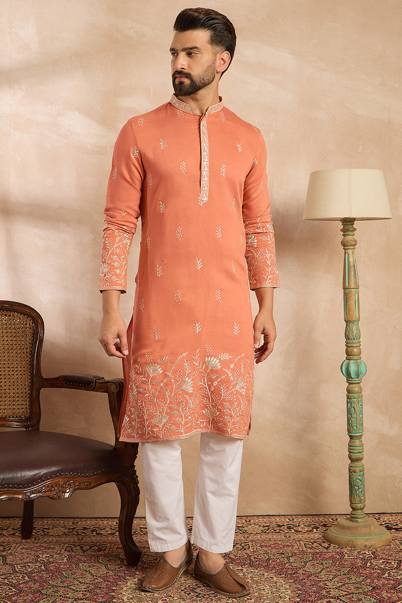 Peach Vartican Solid Embroidered Straight Kurta For Men | SHOBITAM