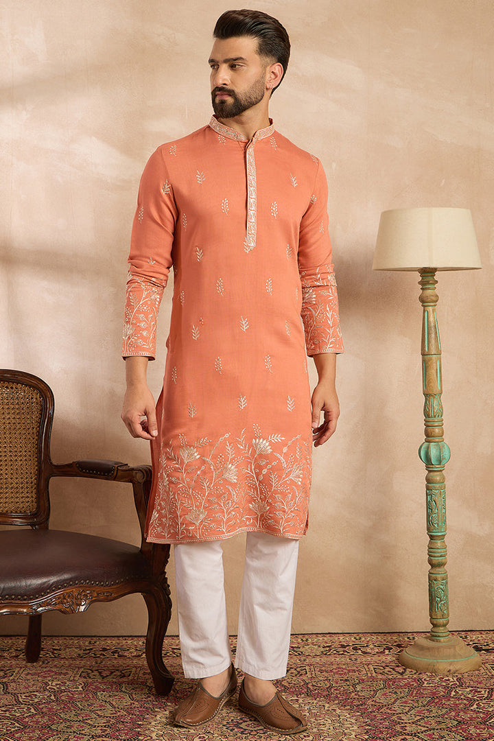 Peach Vartican Solid Embroidered Straight Kurta For Men | SHOBITAM