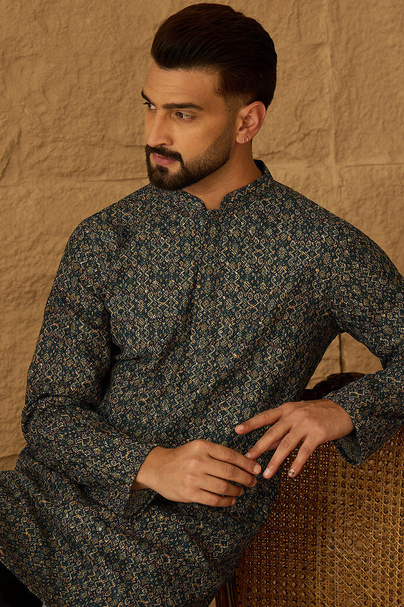 Navy Blue Viscose Rayon Geometric Printed Straight Kurta with Trouser | SHOBITAM
